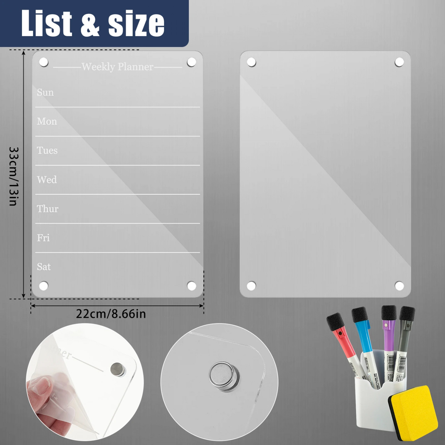 Acrylic magnetic calendar set clear blank plate dry erase  markers   eraser  pen holder reusable office home planner
