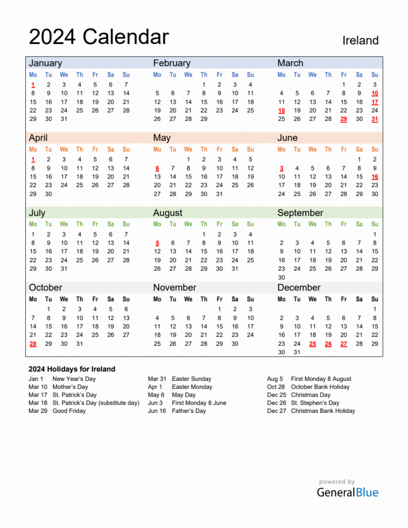 Annual Calendar  with Ireland Holidays