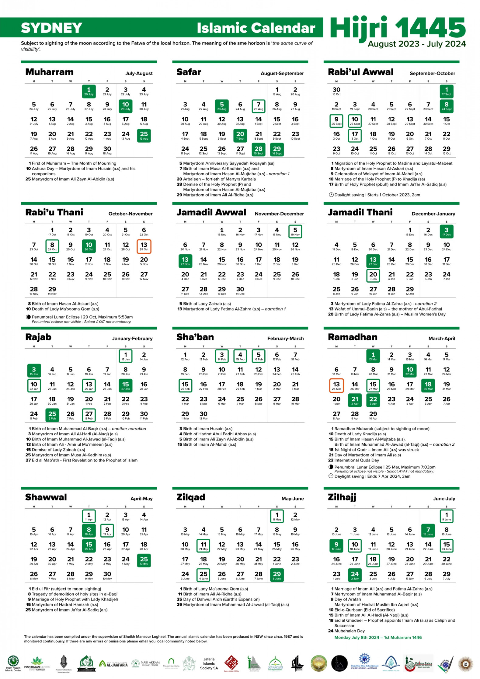 Annual Islamic Calendar AH / - AD – Imam Husain