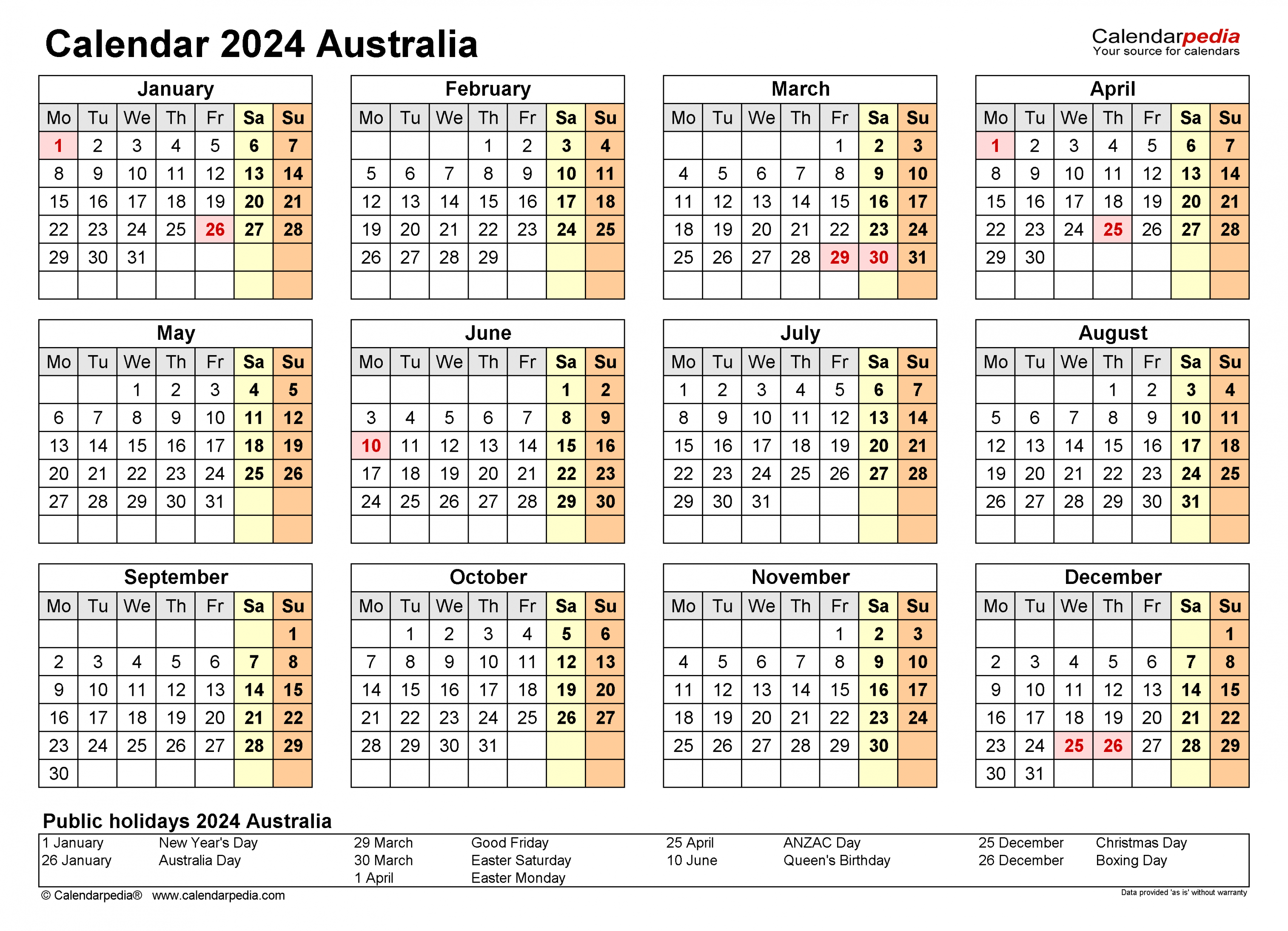 Australia Calendar  - Free Printable Excel templates