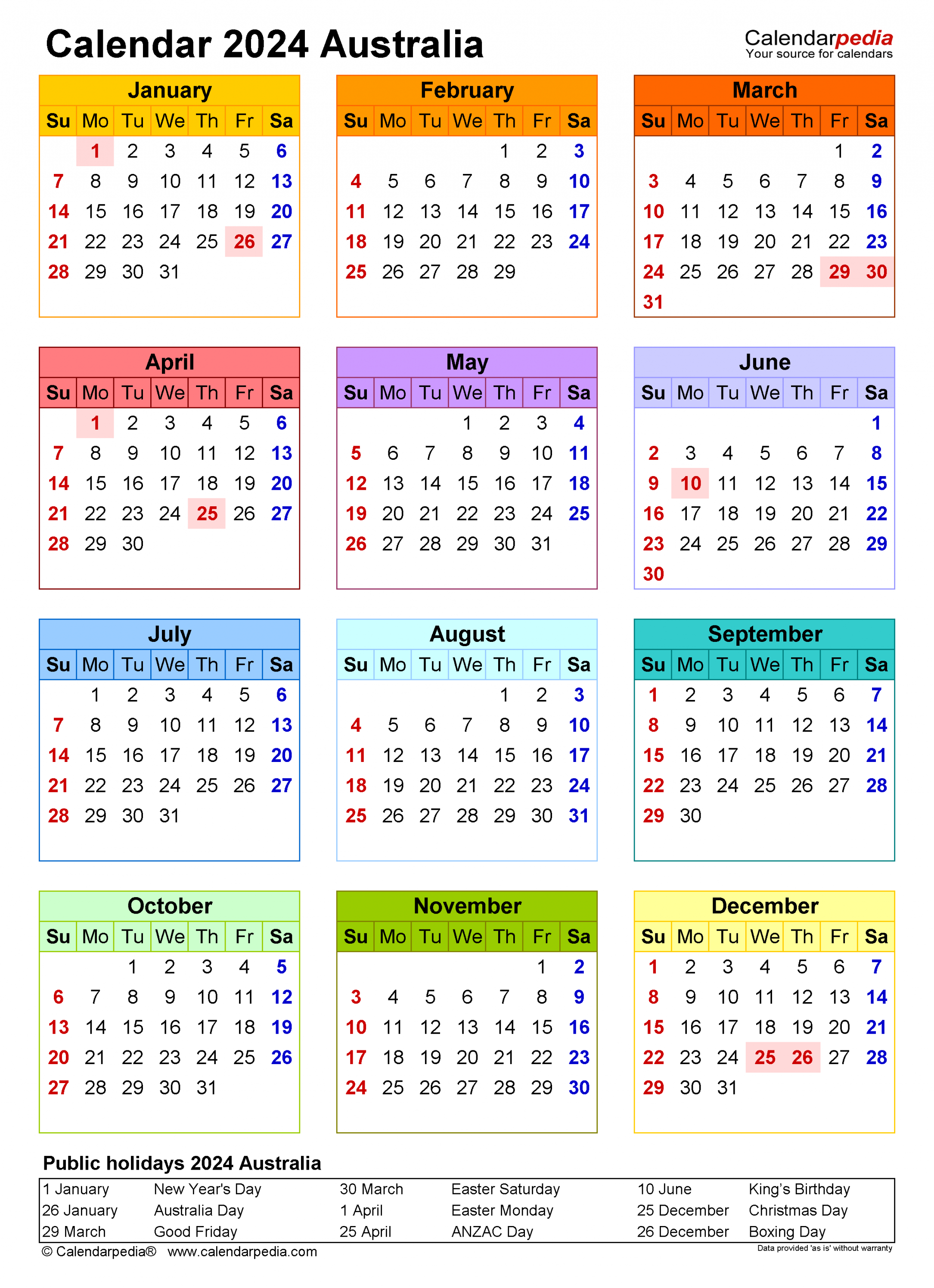 Australia Calendar  - Free Printable Excel templates