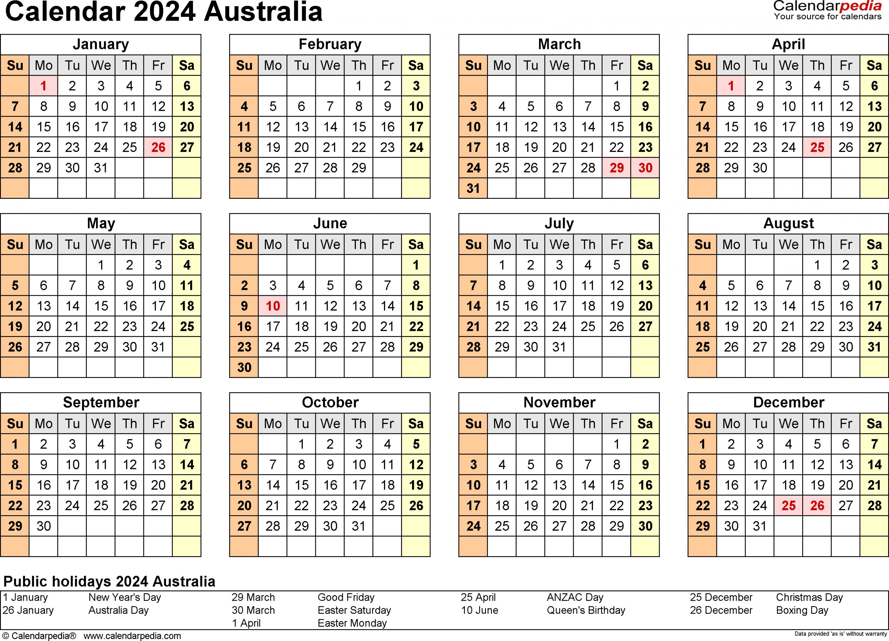 Australia Calendar  - Free Printable Excel templates