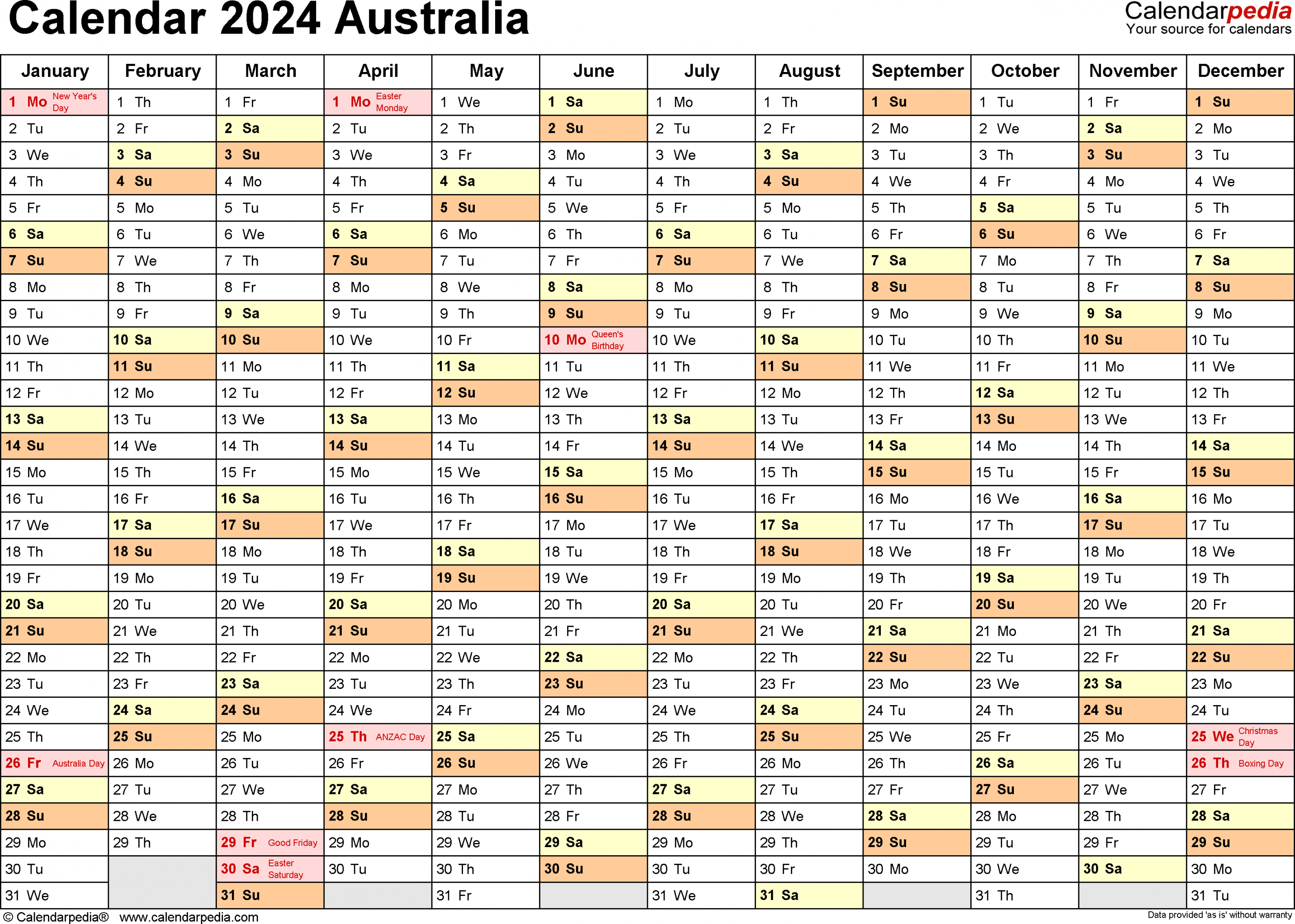 Australia Calendar - Free Printable PDF templates