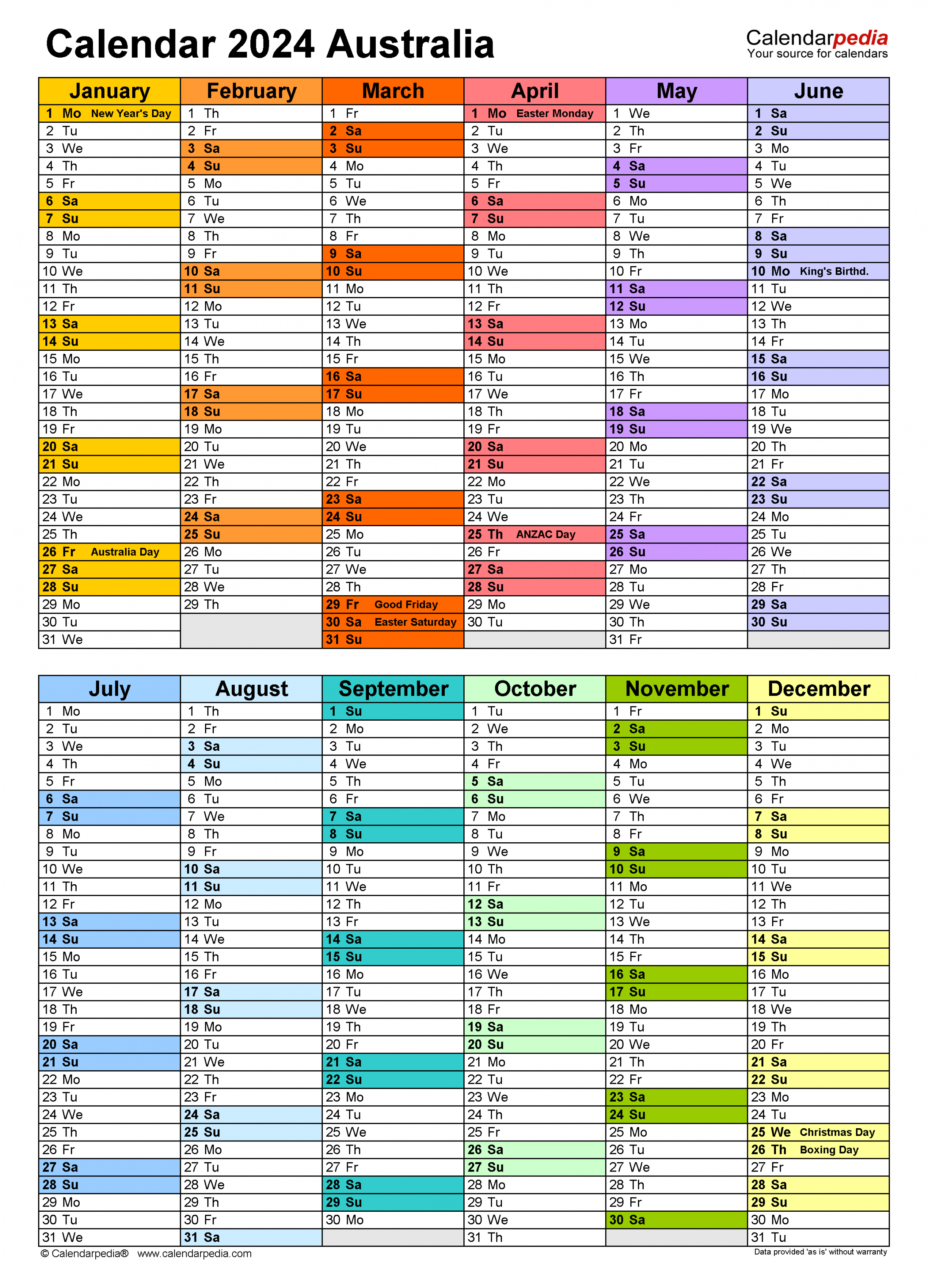 Australia Calendar - Free Printable PDF templates