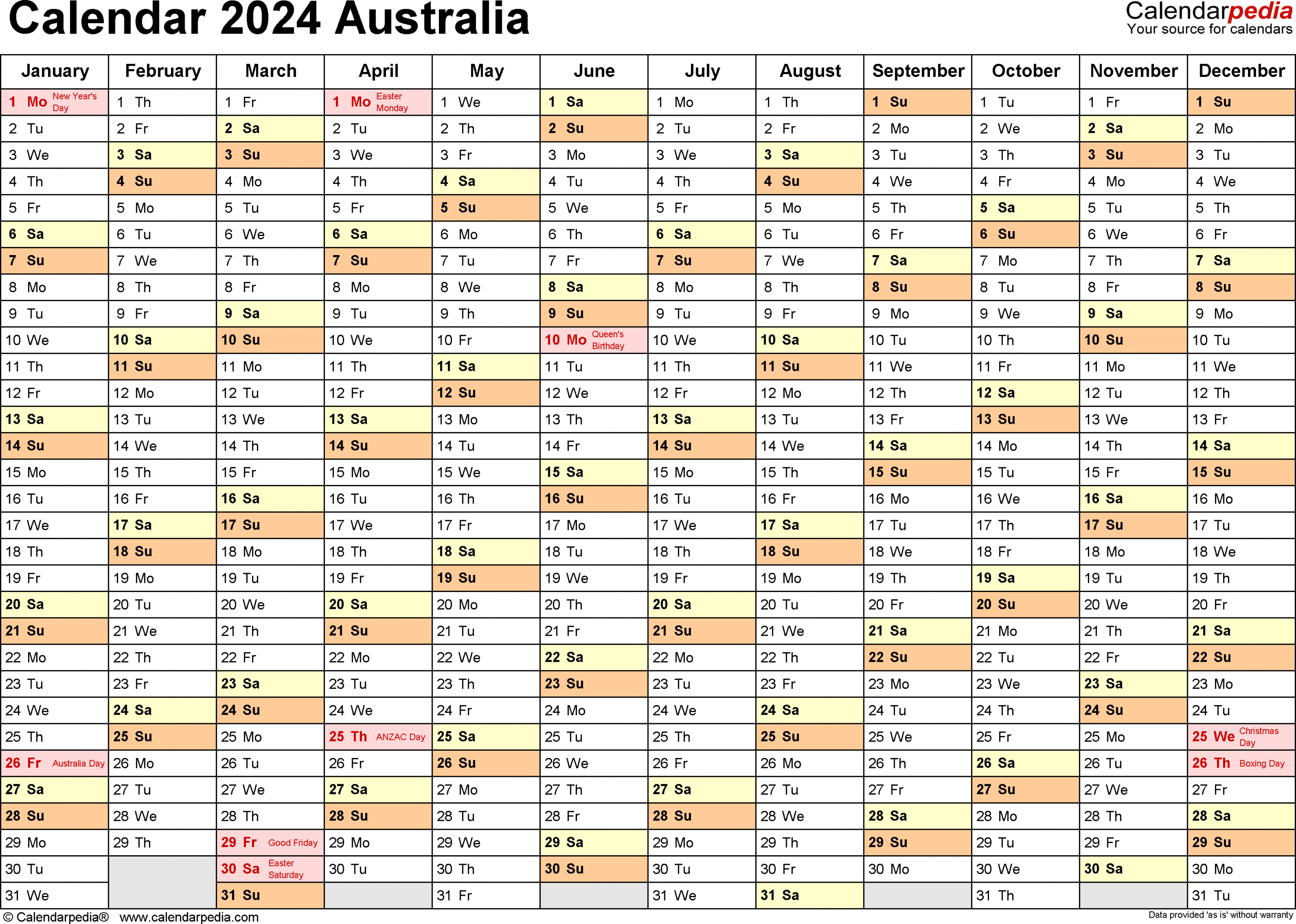 Australia Calendar  - Free Printable PDF templates