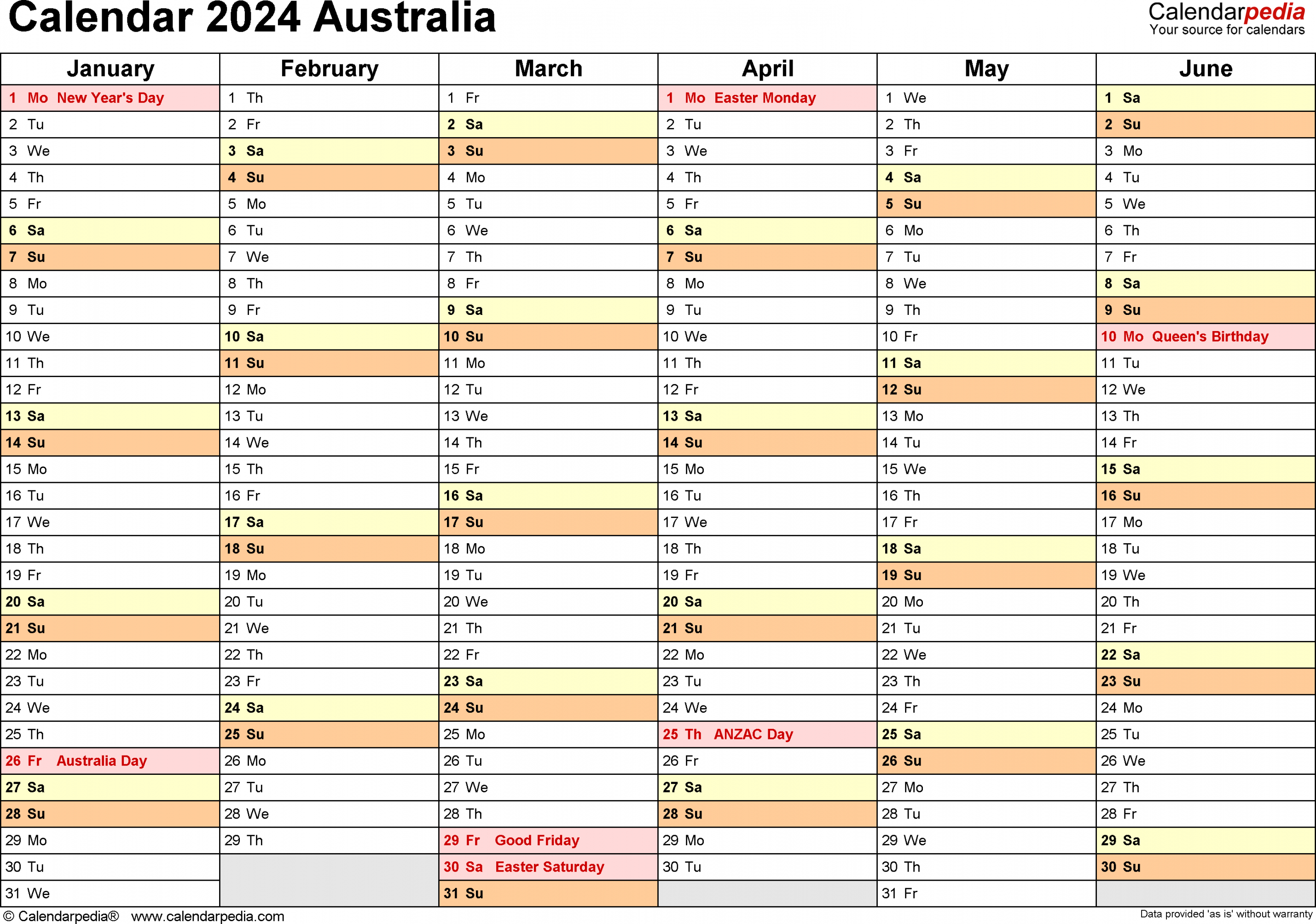 Australia Calendar  - Free Printable PDF templates