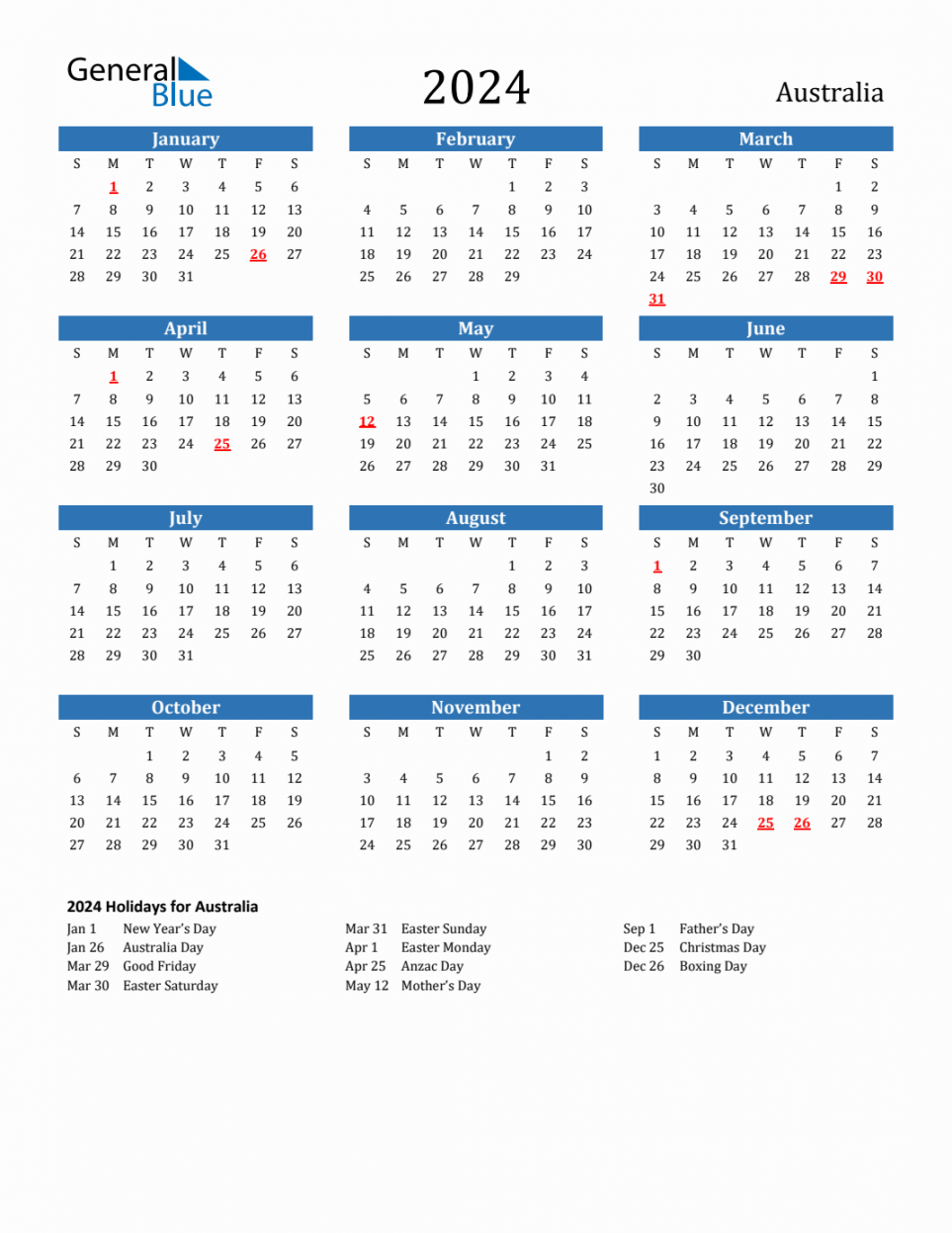 Australia Calendar with Holidays