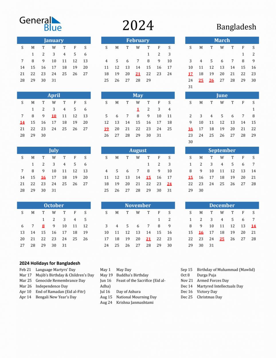 Bangladesh Calendar with Holidays