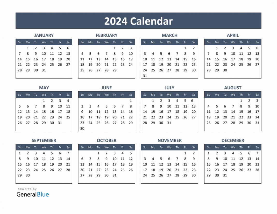 Basic Annual Calendar for Year