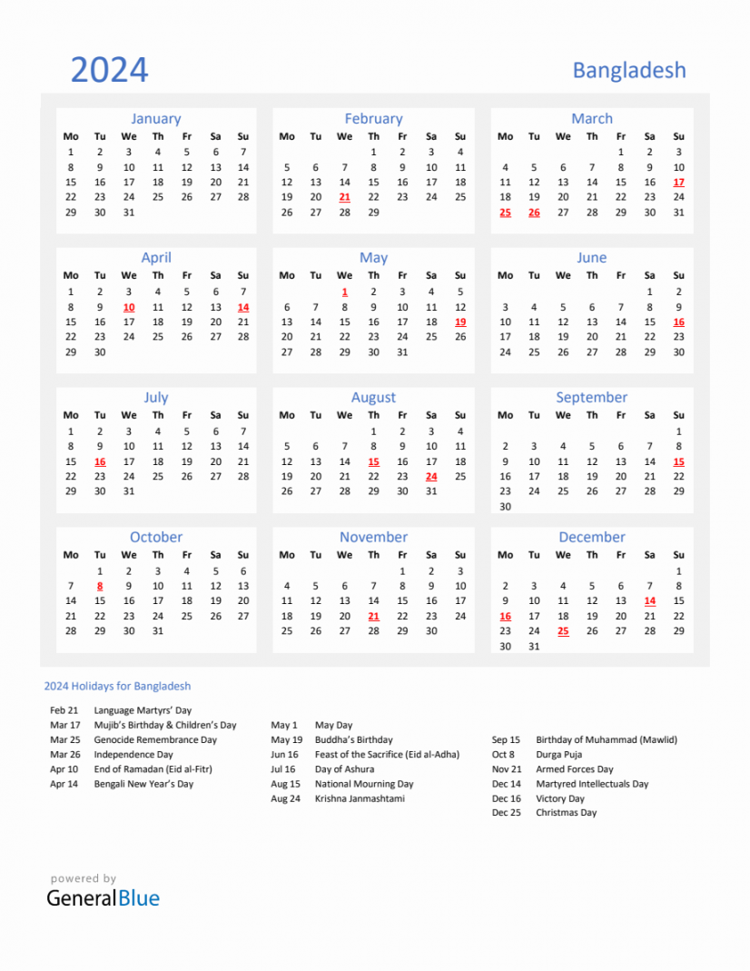 Basic Yearly Calendar with Holidays in Bangladesh for