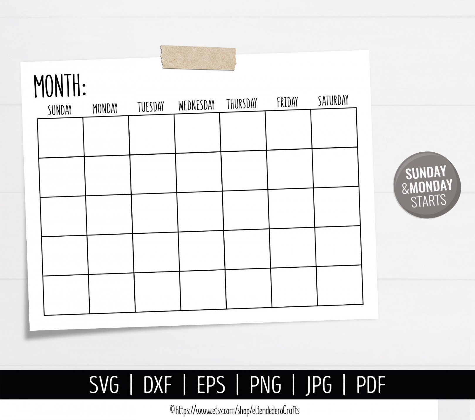 Blank Calendar SVG. Digital Monthly Calendar Vector Cut Files Cutting  Machine. Printable Farmhouse Calendar Download