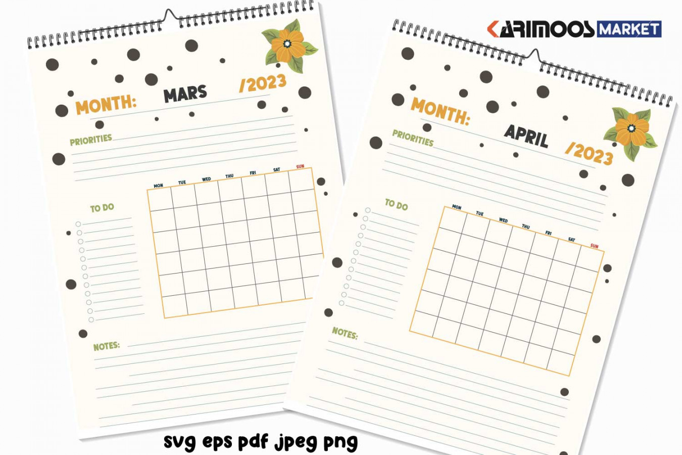 Blank Calendar template Vector, Planner Sunflower Calendar pdf, eps, svg,  png and jpg