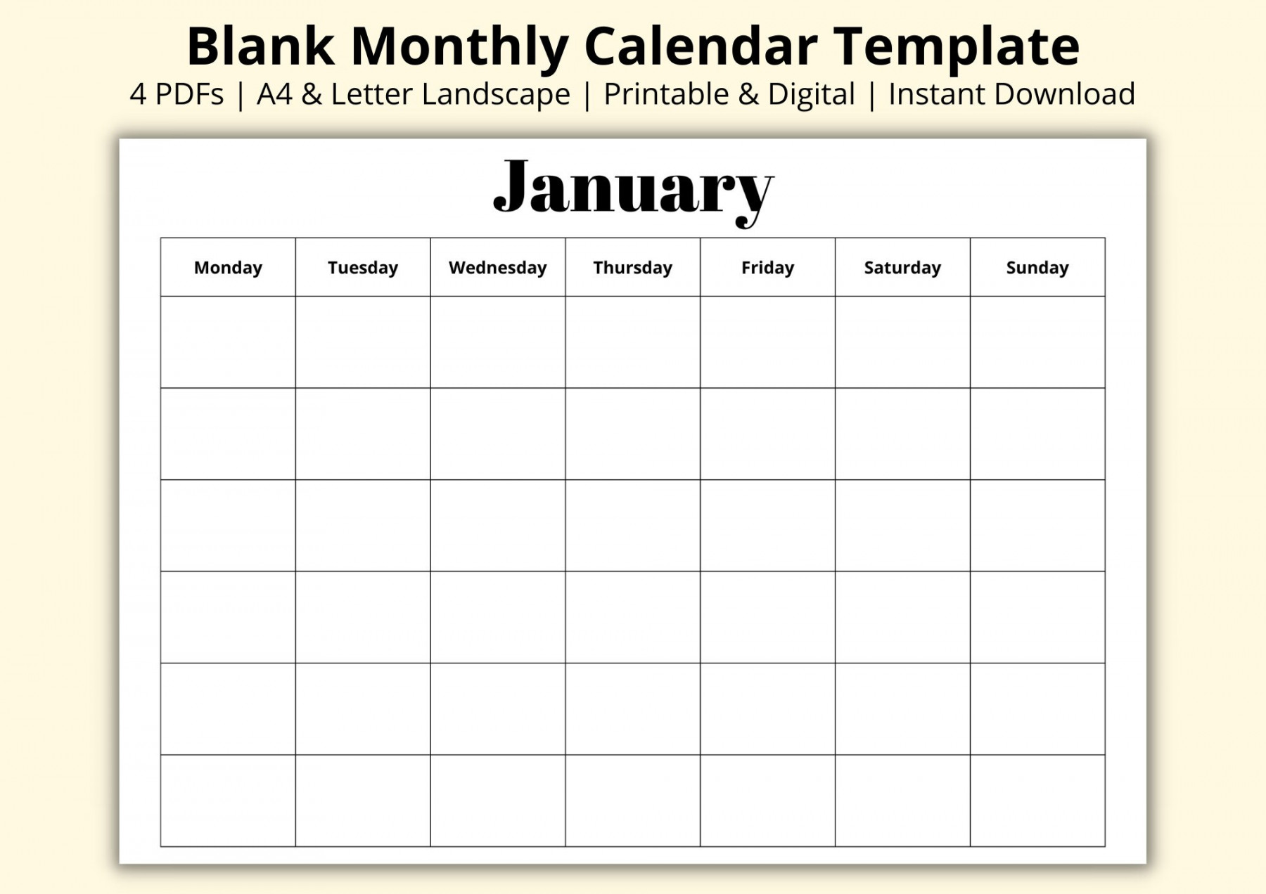 Blank Monthly Calendar Template Undated Calendar Pages - Etsy