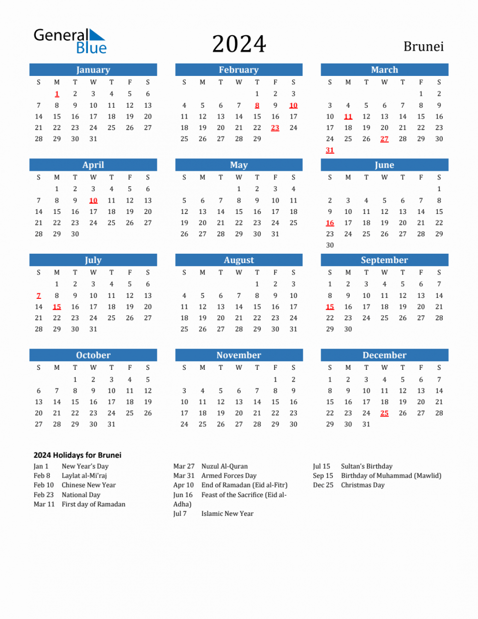 Brunei Calendar with Holidays