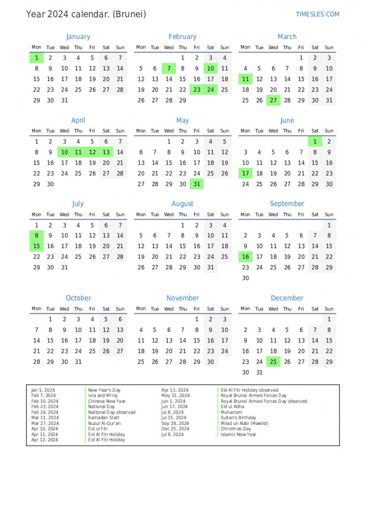 Calendar for  with holidays in Brunei  Print and download