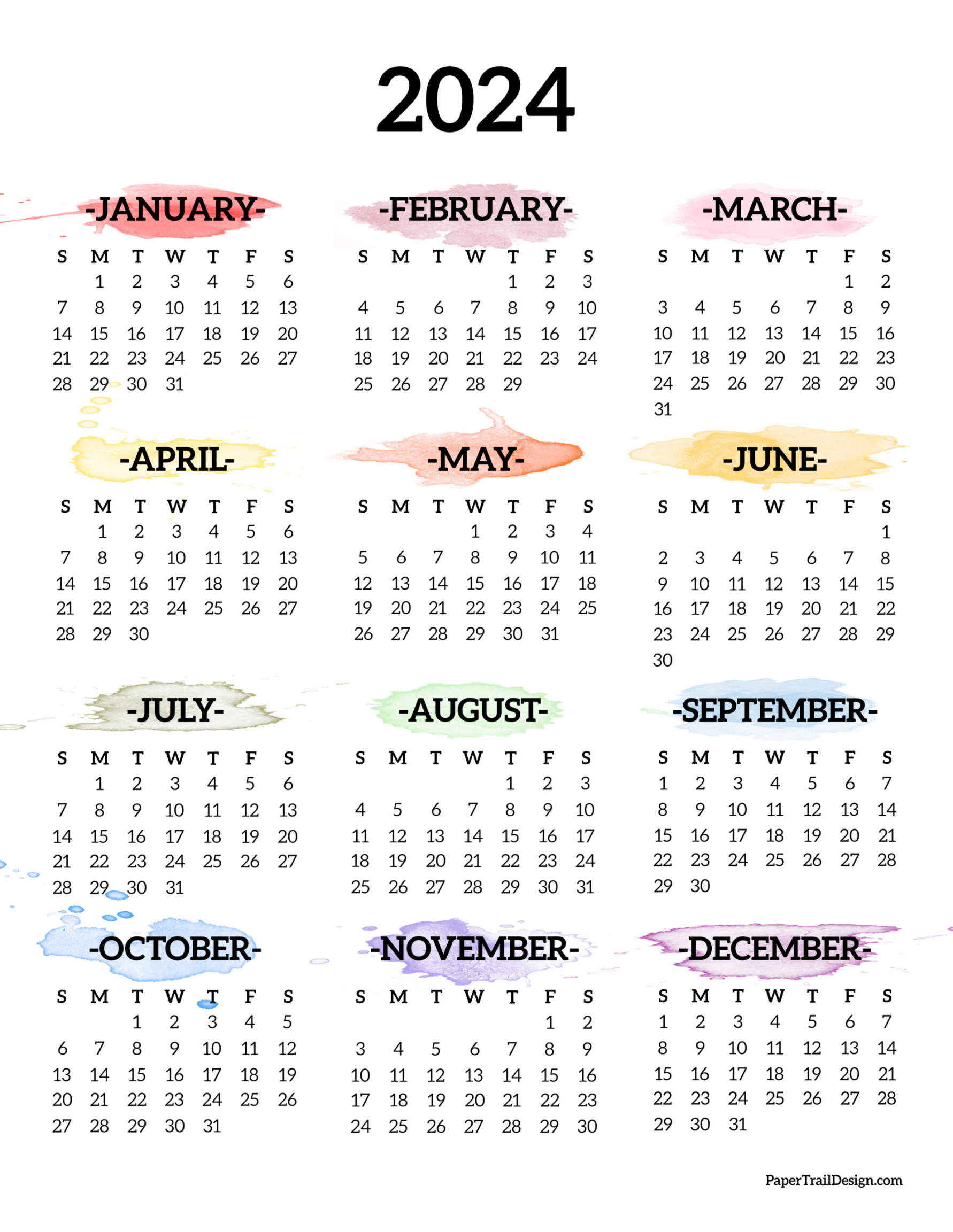 Calendar Printable One Page - Paper Trail Design