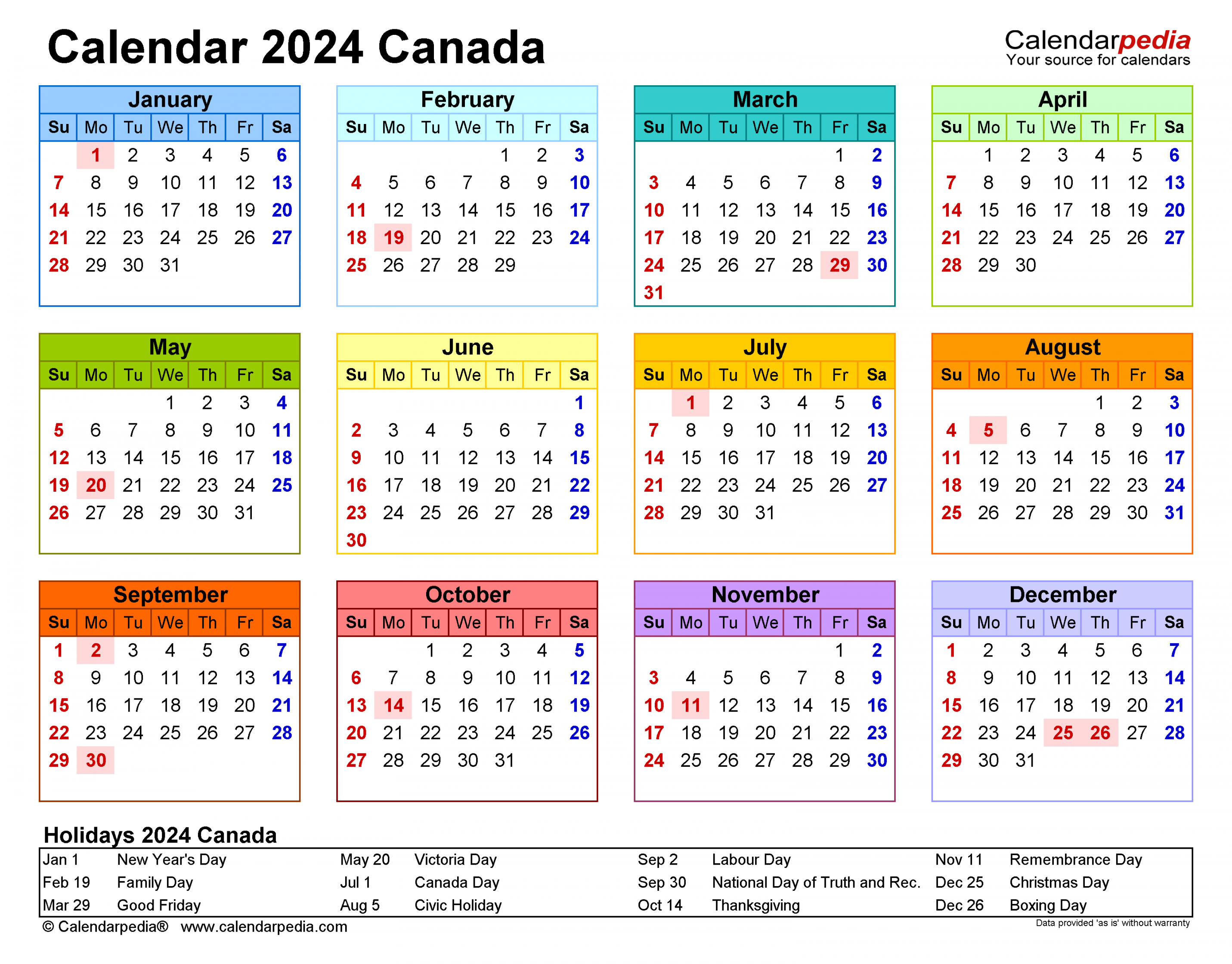 Canada Calendar - Free Printable PDF templates