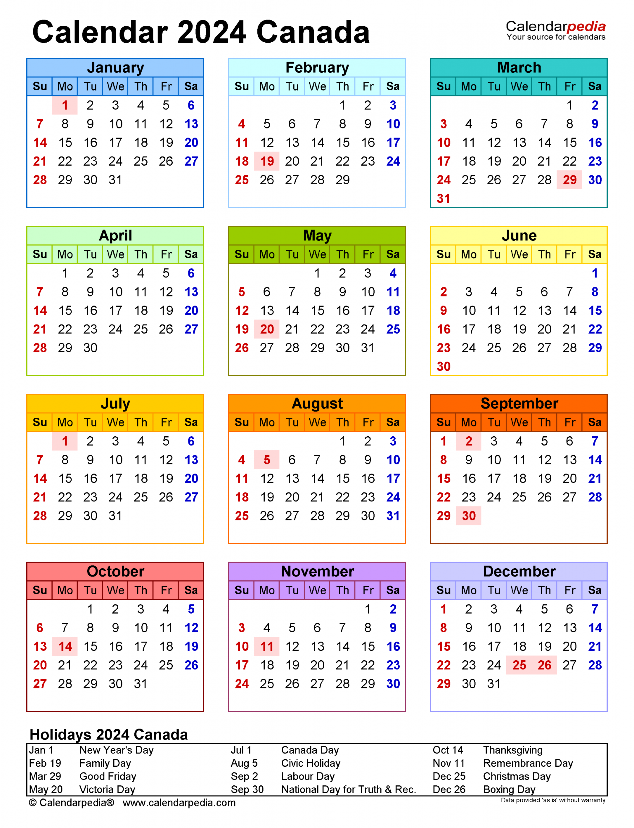 Canada Calendar - Free Printable PDF templates