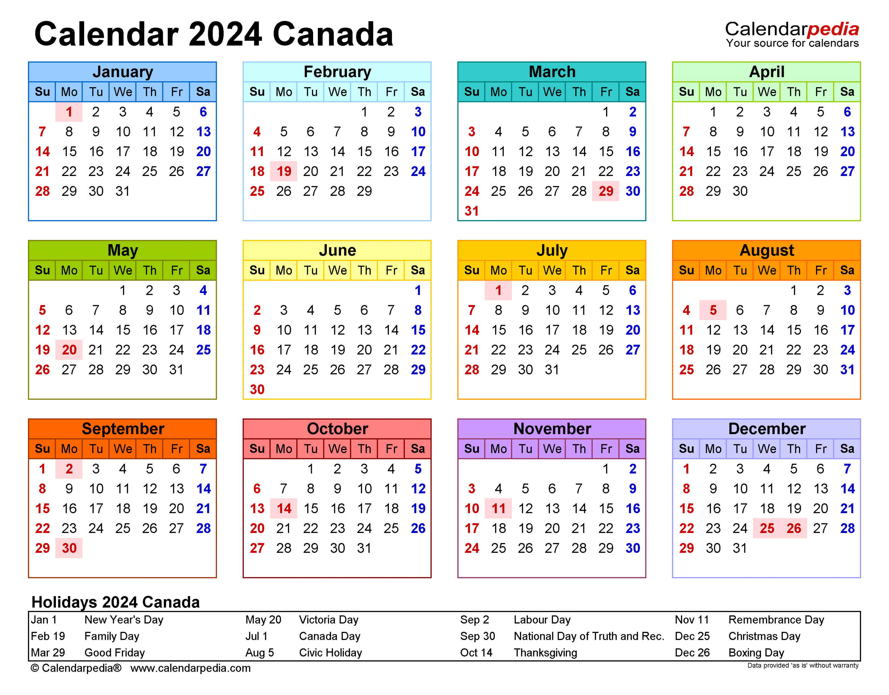 Canada Calendar  - Free Printable PDF templates