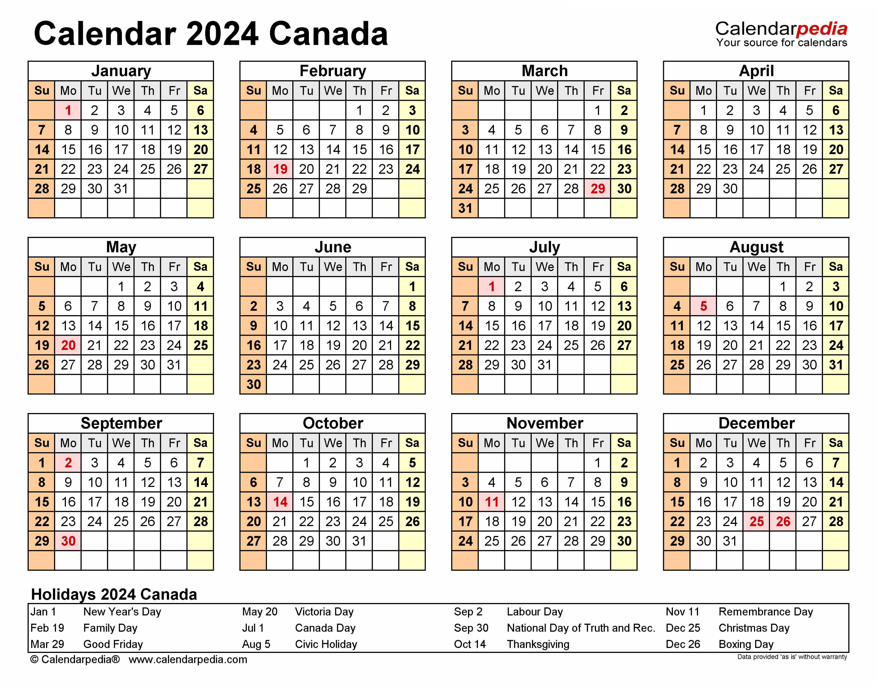Canada Calendar  - Free Printable Word Templates