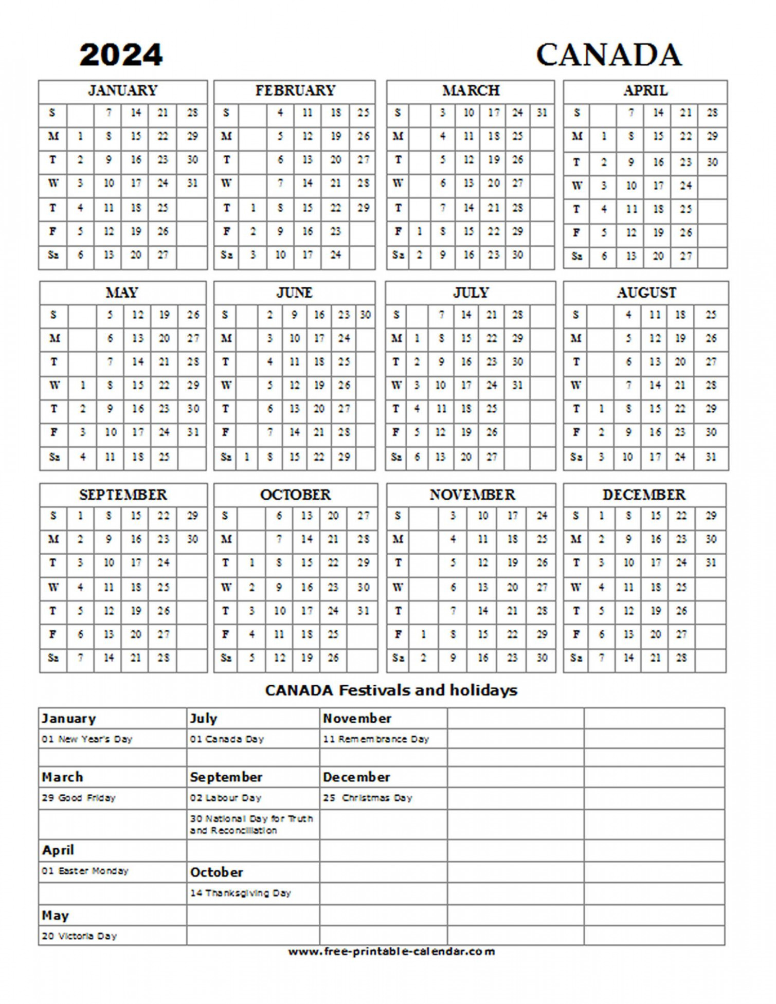 Canada Holiday Calendar - Free-printable-calendar