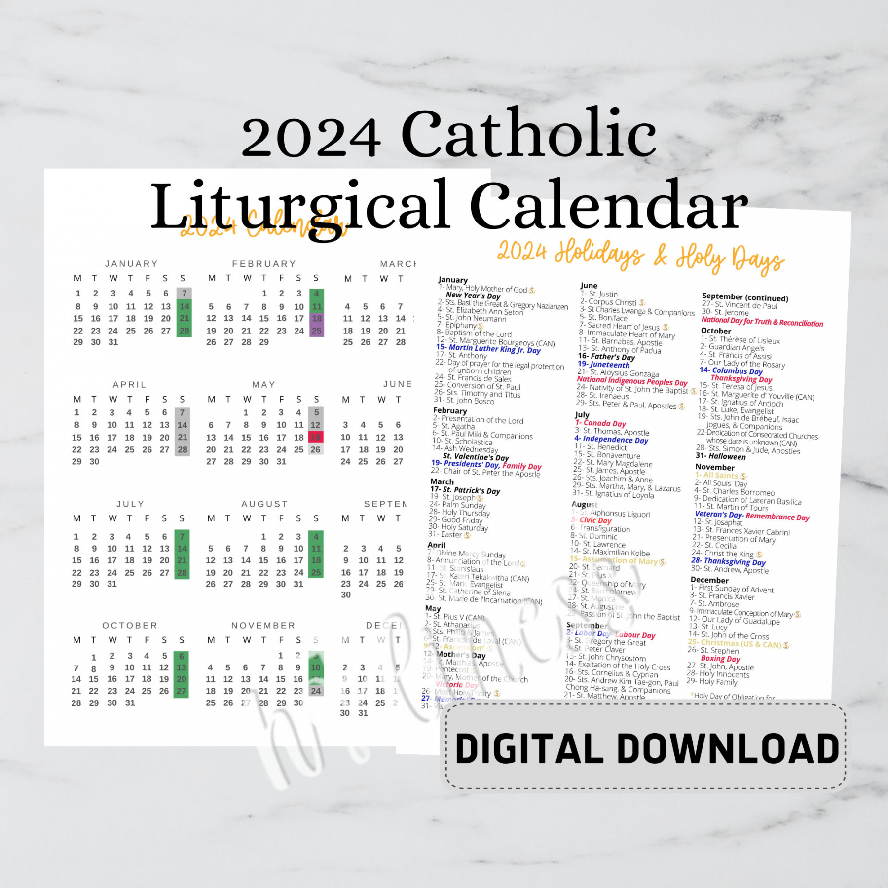 Catholic Calendar DIGITAL DOWNLOAD - Etsy