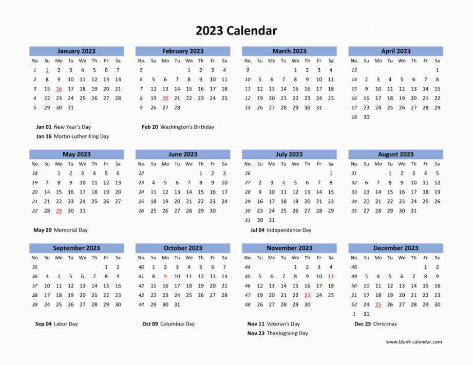 Download Blank Calendar  with US Holidays ( months on one