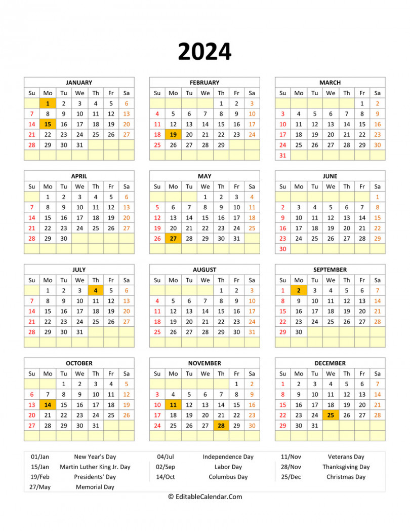 Editable  Calendar With with Holidays