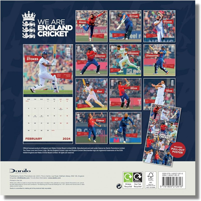 England Cricket Calendar, Month To View Square Wall Calendar