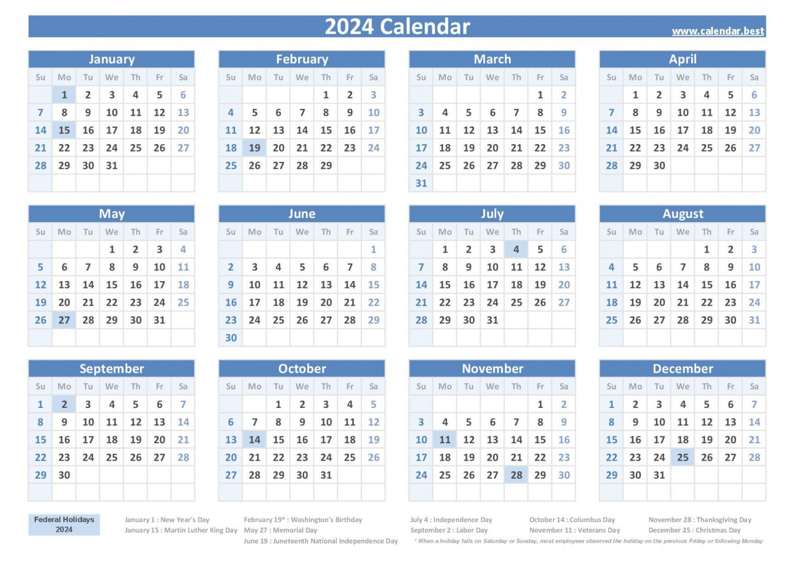 Federal Holidays : list and calendar with holidays to print