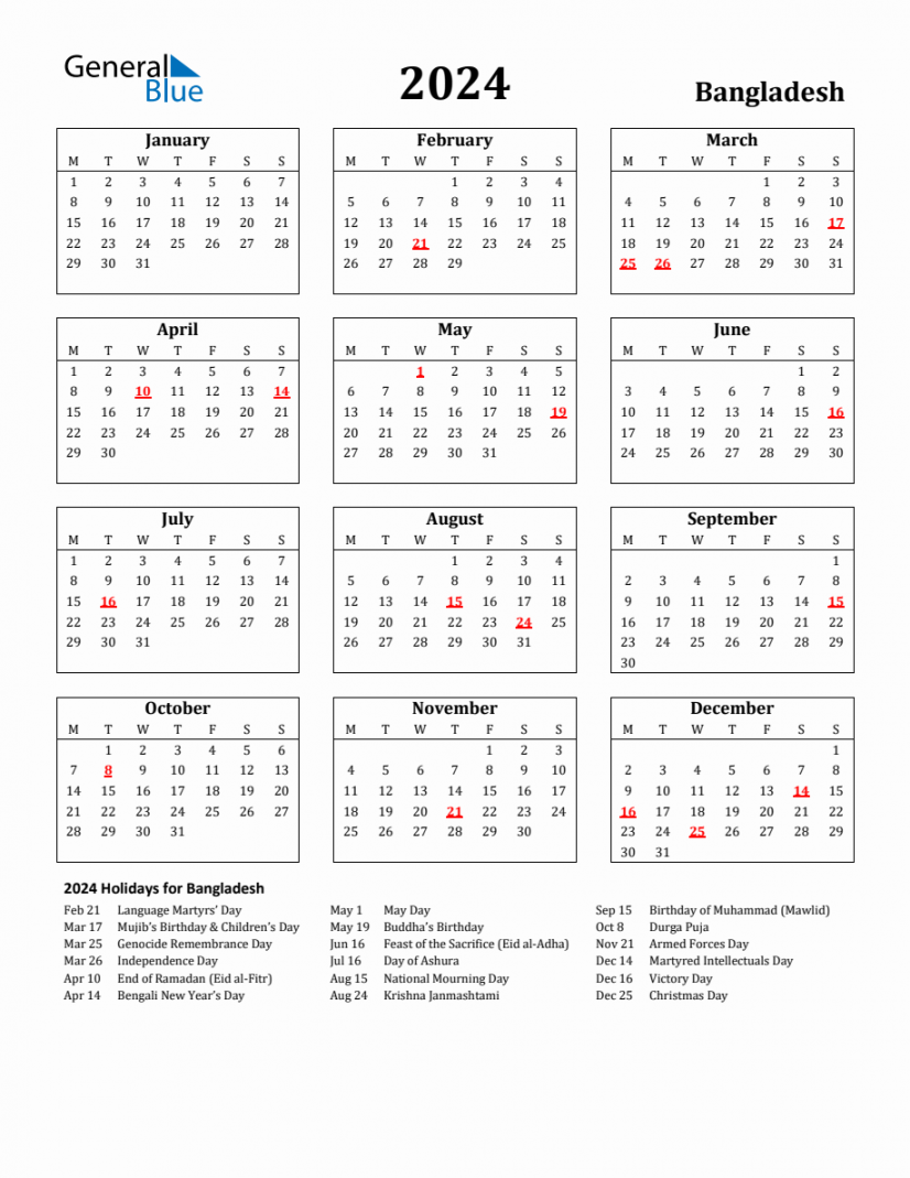 Free Printable  Bangladesh Holiday Calendar