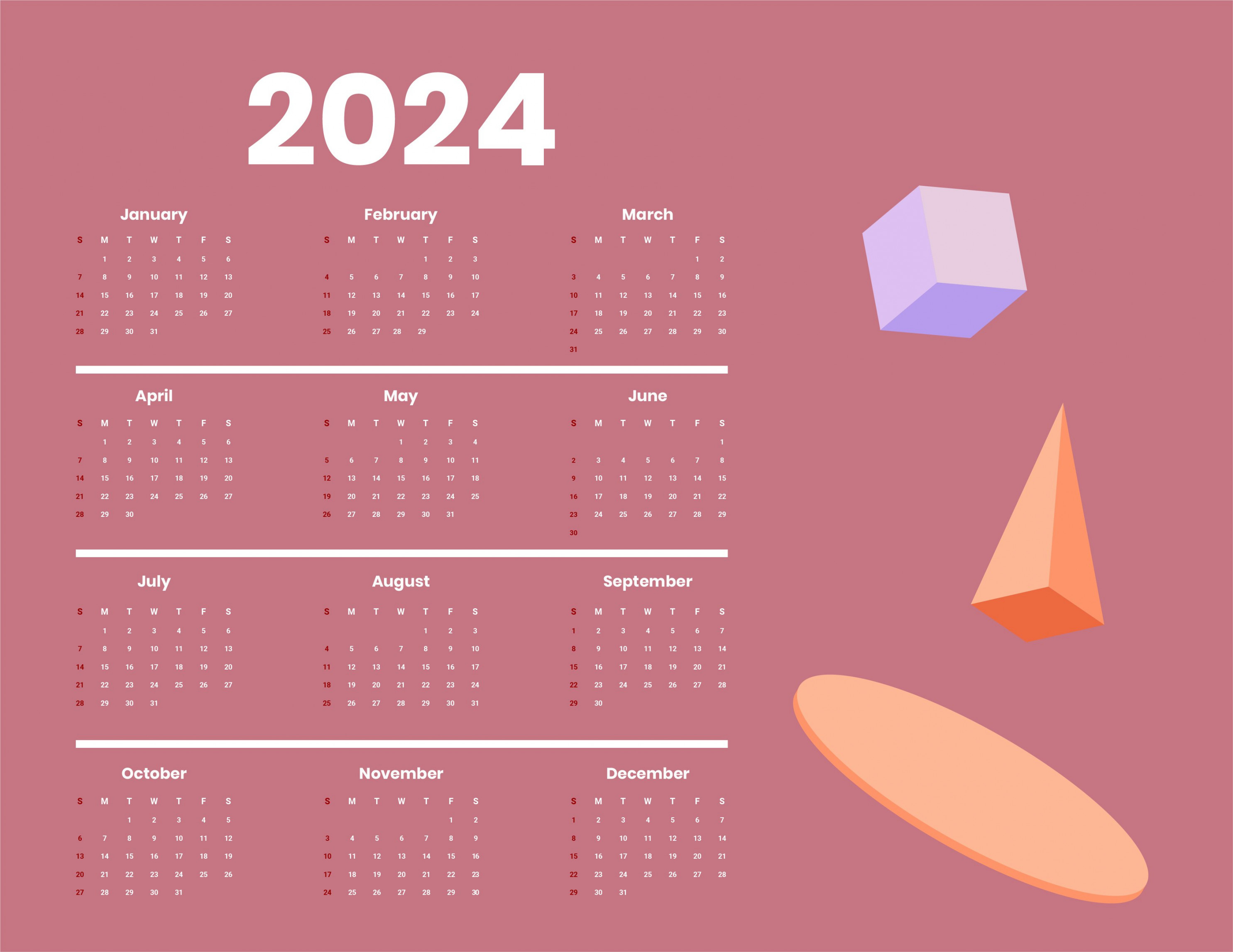 Free Simple Year  Calendar - Download in Word, Illustrator