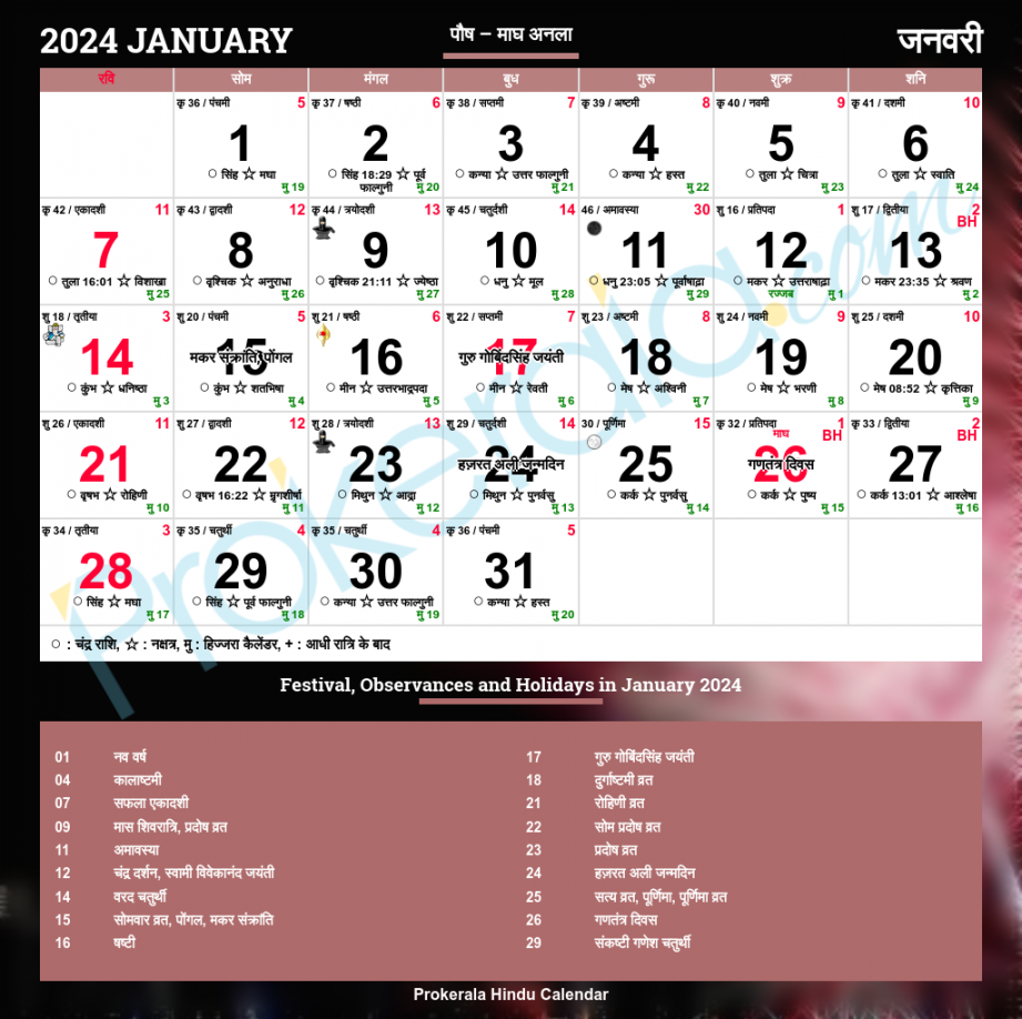 Hindu Calendar , January