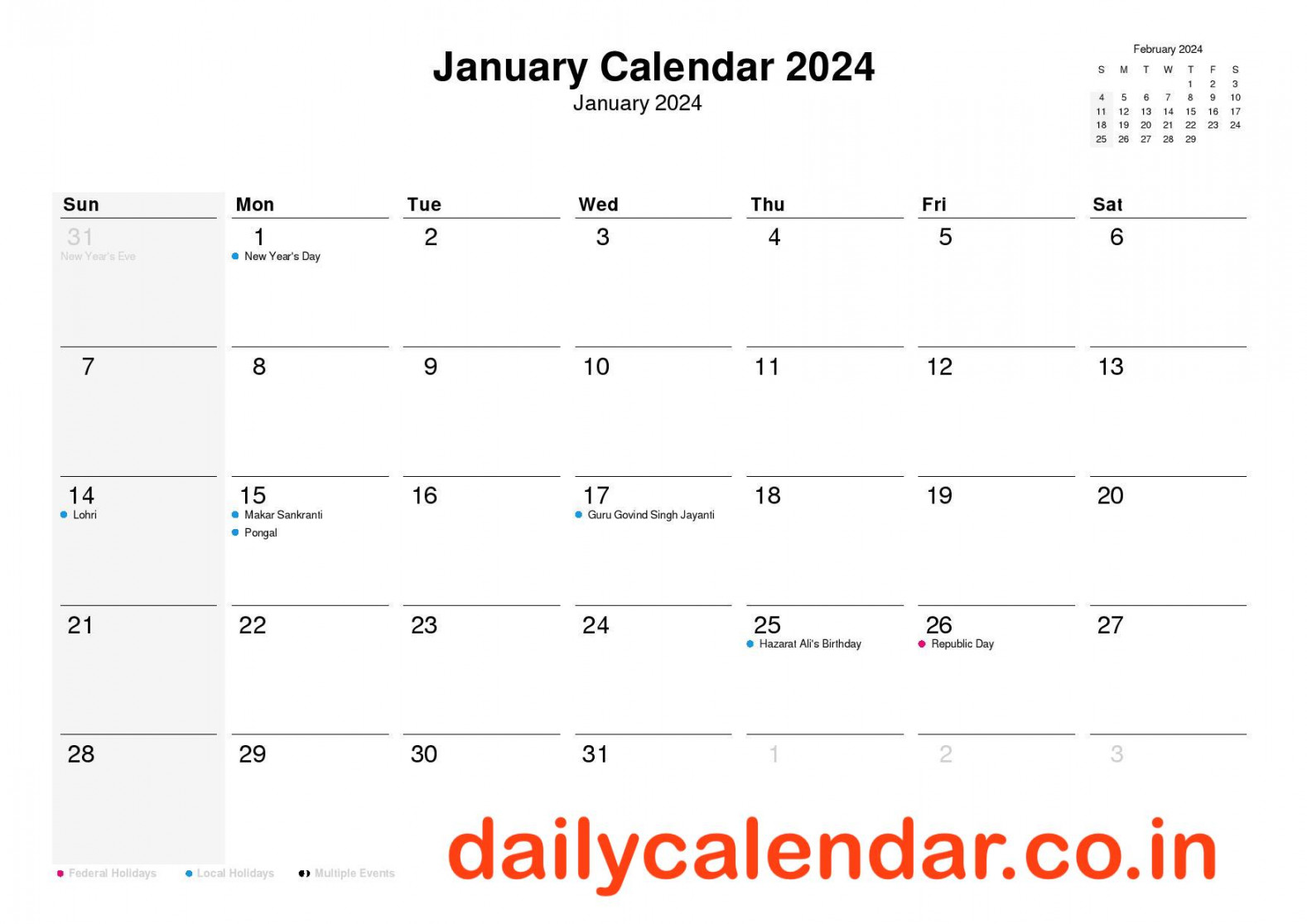 Hindu] January Calendar with Holidays India Current Affairs
