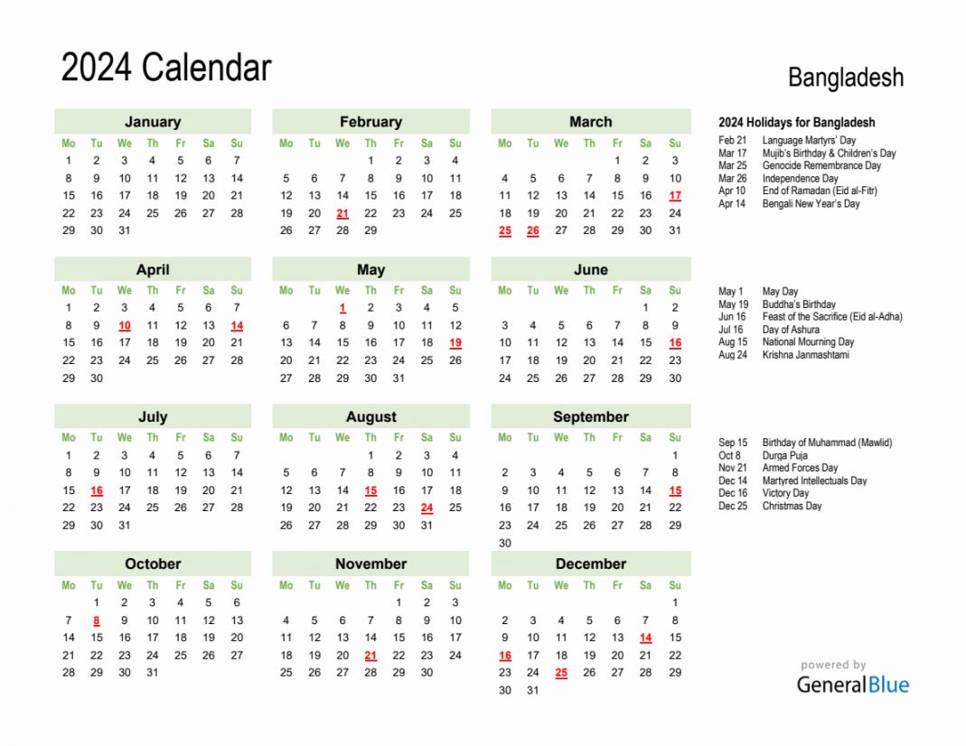 Holiday Calendar for Bangladesh (Monday Start)