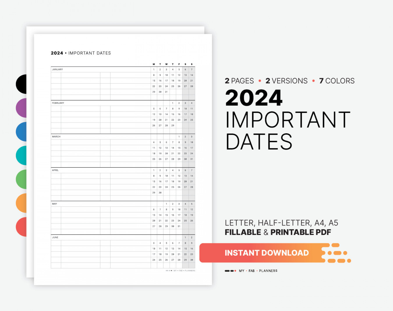 Important Dates Calendar Printable Birthday & Yearly - Etsy