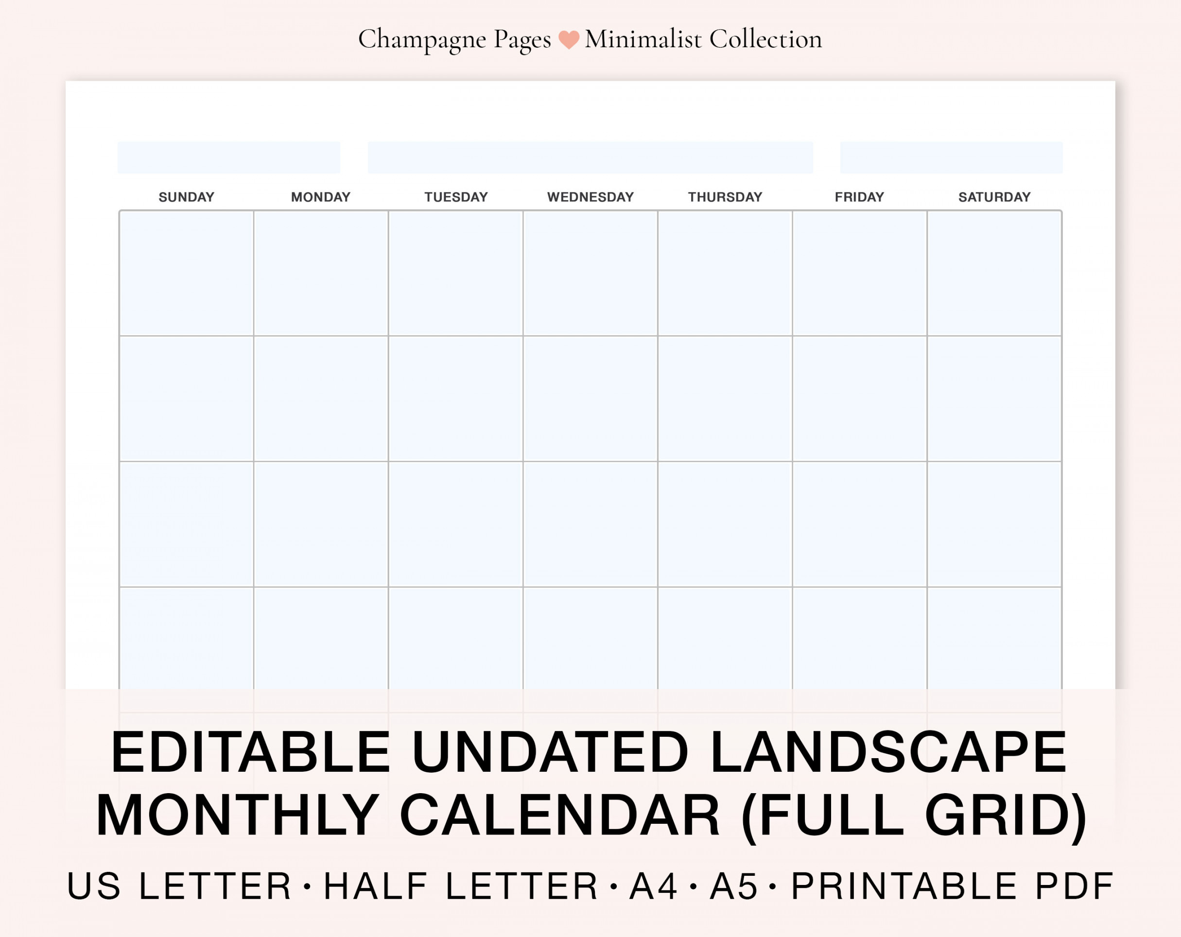 Landscape Editable/fillable Blank Monthly Calendar Horizontal