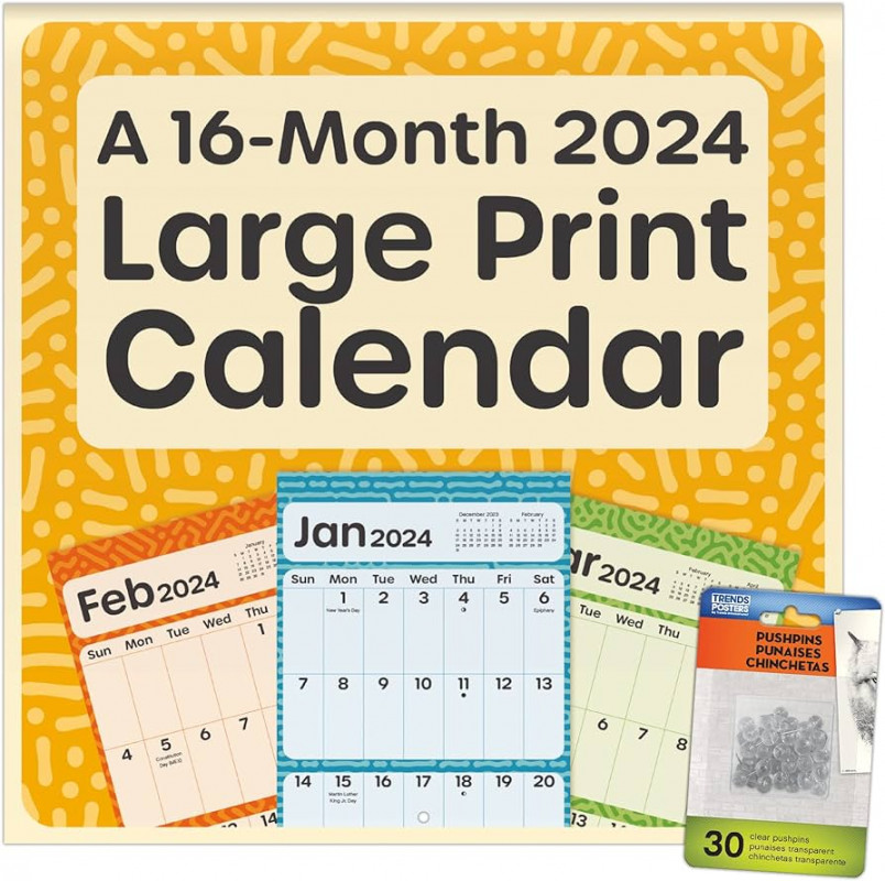 Large Print Wall Calendar & Push Pins