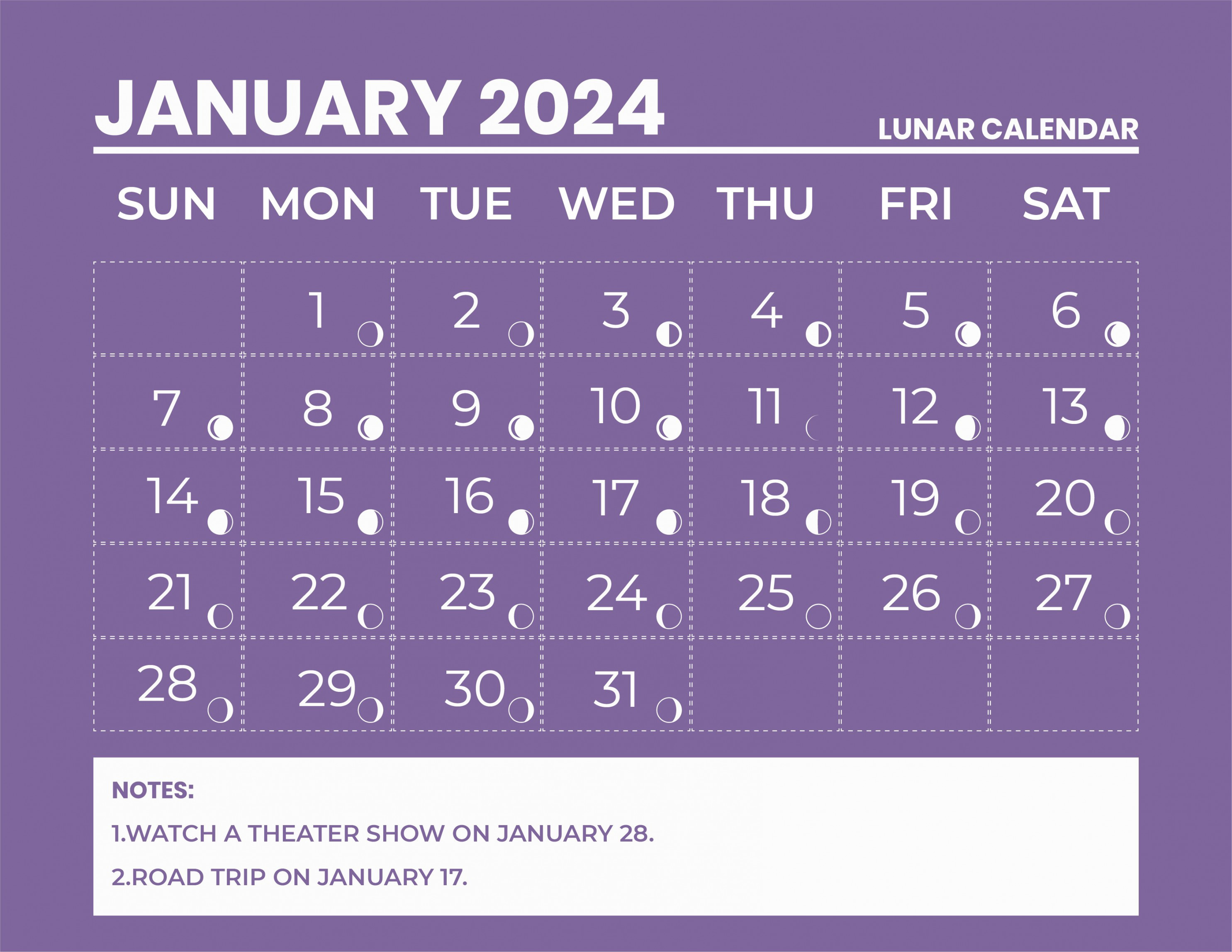 Lunar Calendar January  - Download in Word, Illustrator, EPS