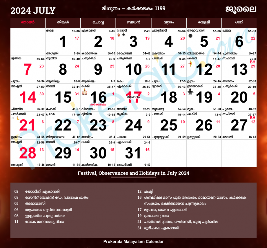 Malayalam Calendar , July