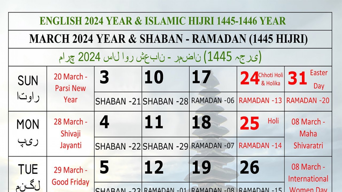 March Calendar Shaban & Ramadan Hijri #
