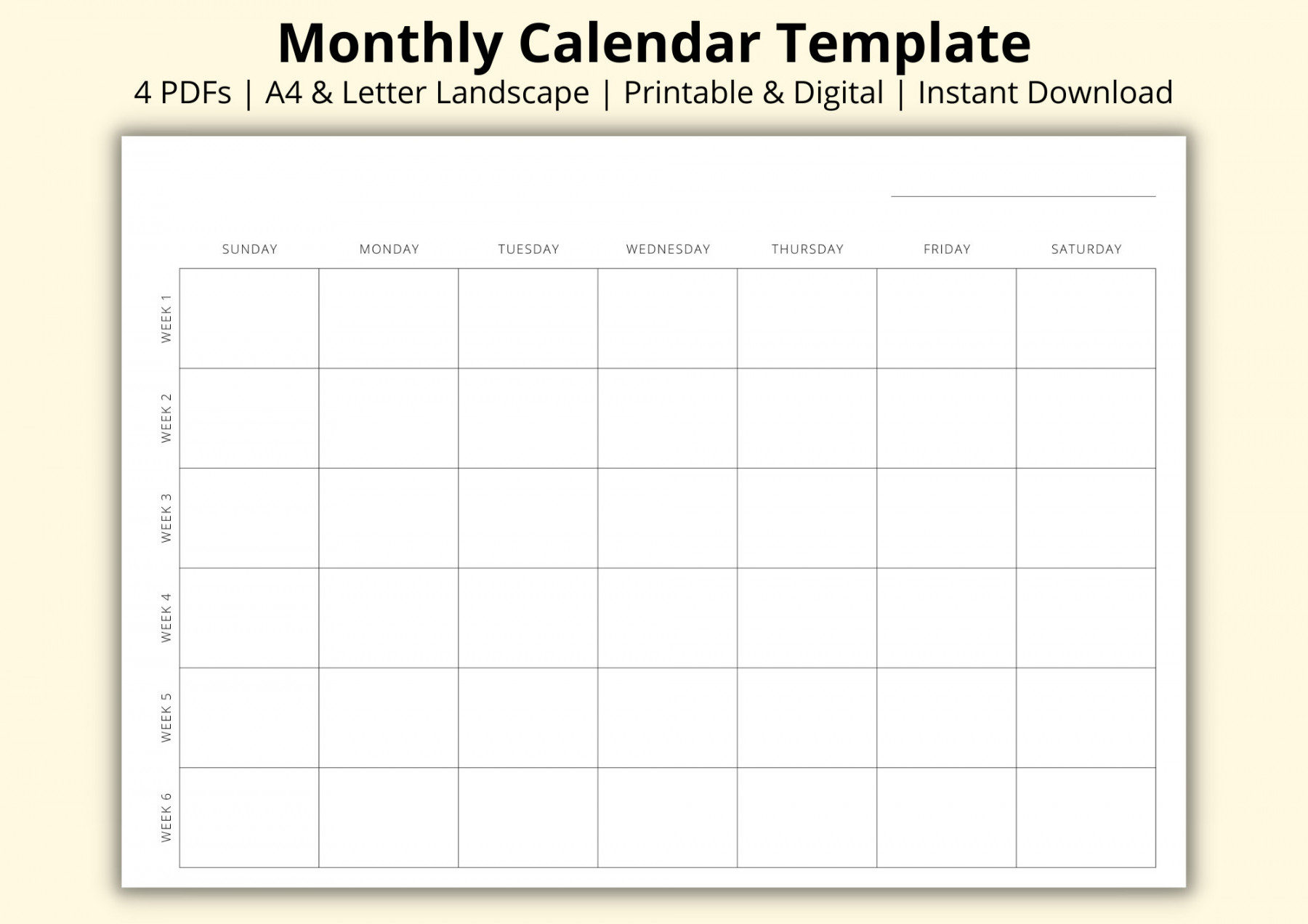 Monthly Calendar Template Blank Calendar Page Undated - Etsy