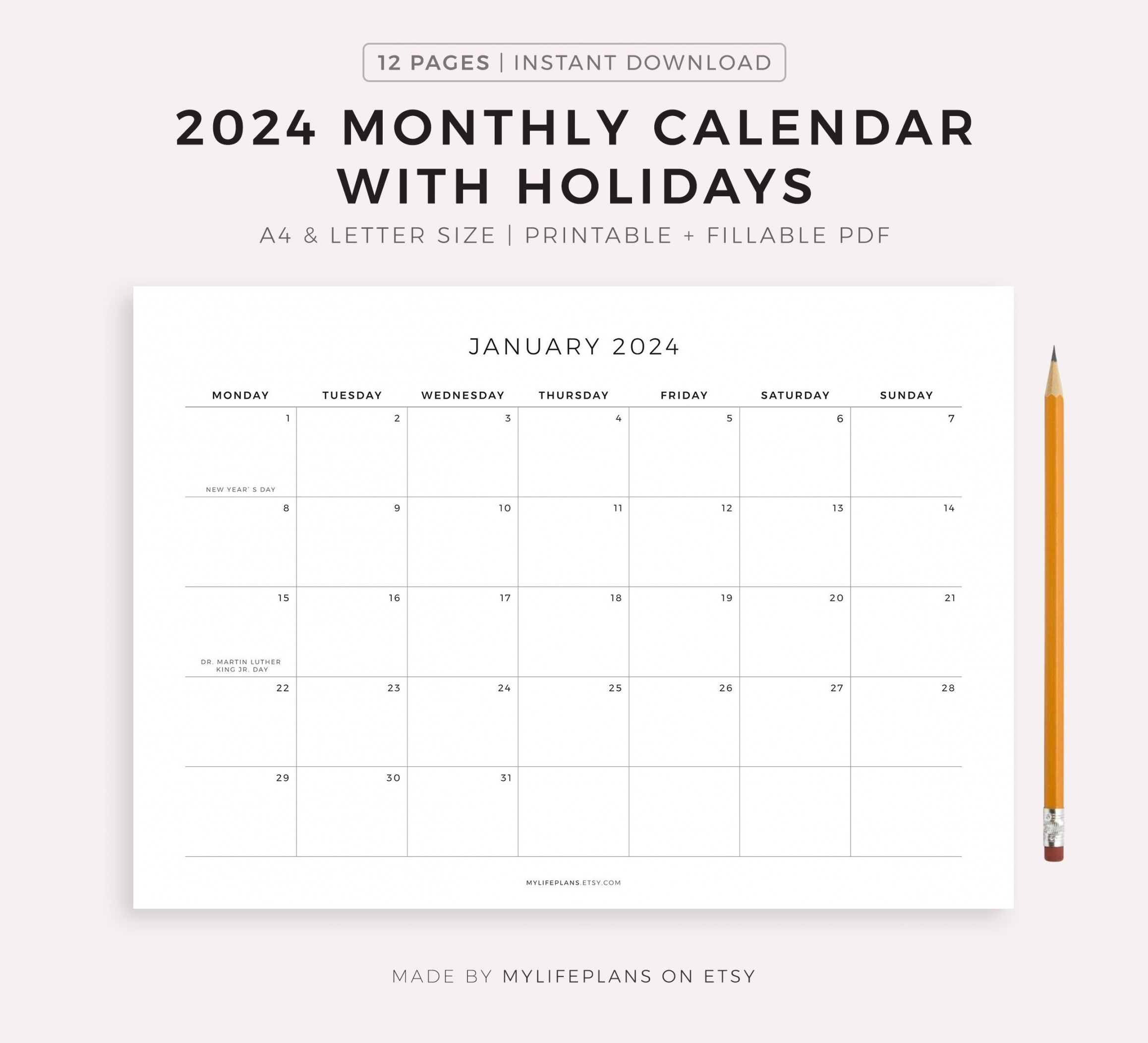 Monthly Calendar With Holidays Printable Calendar - Etsy Denmark