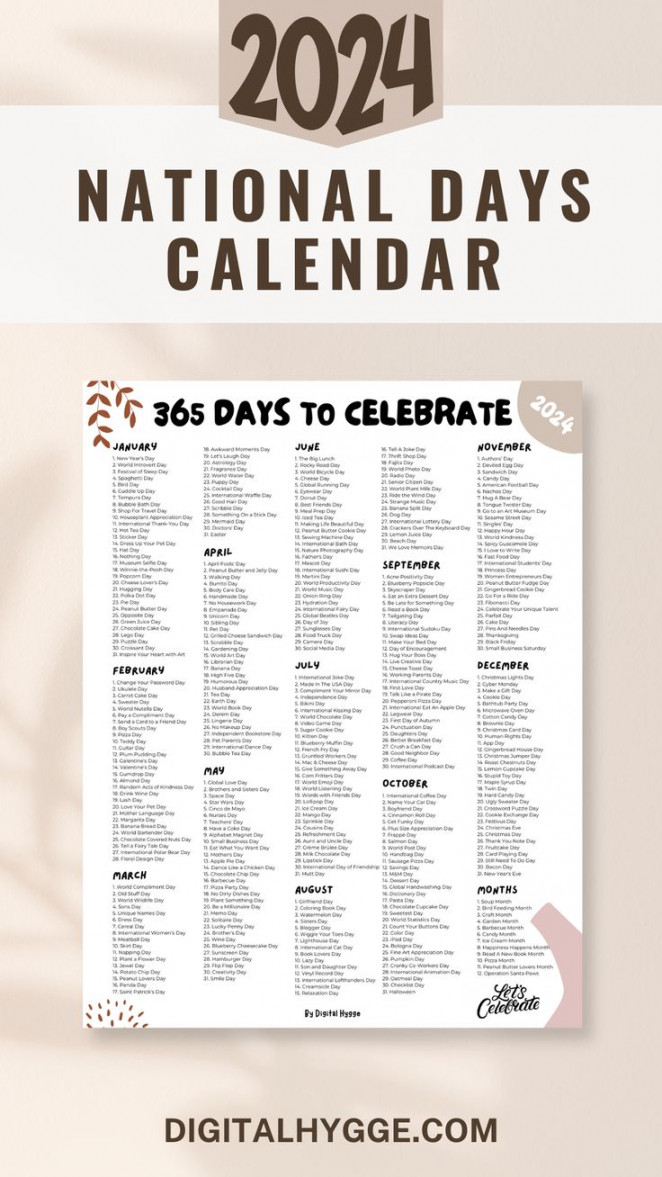 National Days and Holidays Printable PDF in National