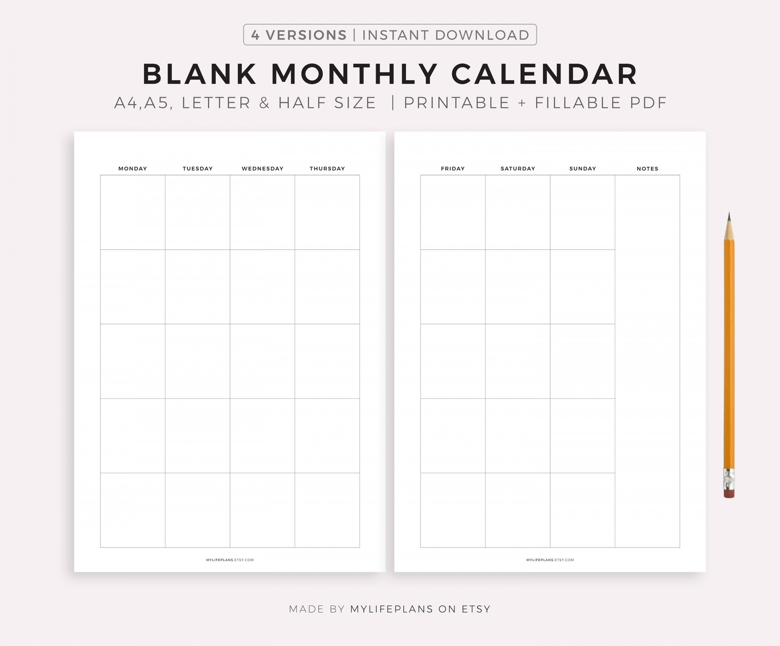 Page Blank Monthly Calendar Printable & Fillable Minimalist - Etsy