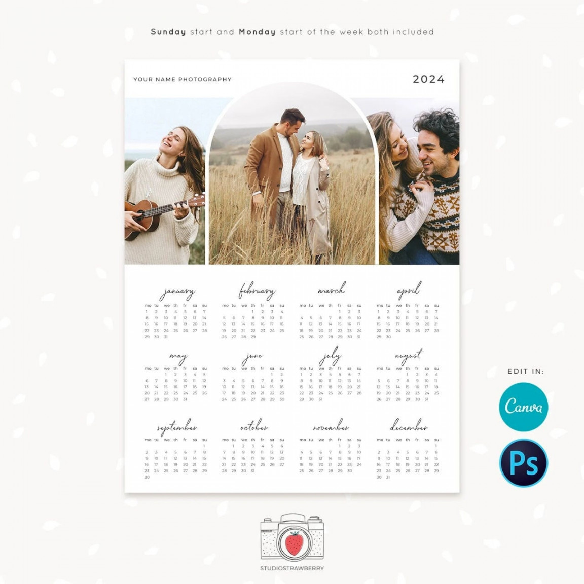 photo calendar template, canva, photo arch, one page printable calendar, photography calendar, calendar printable, calendar yearly