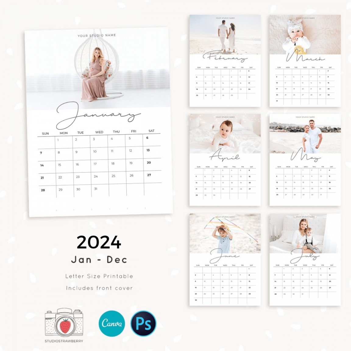 photo calendar template monthly grid – Strawberry Kit
