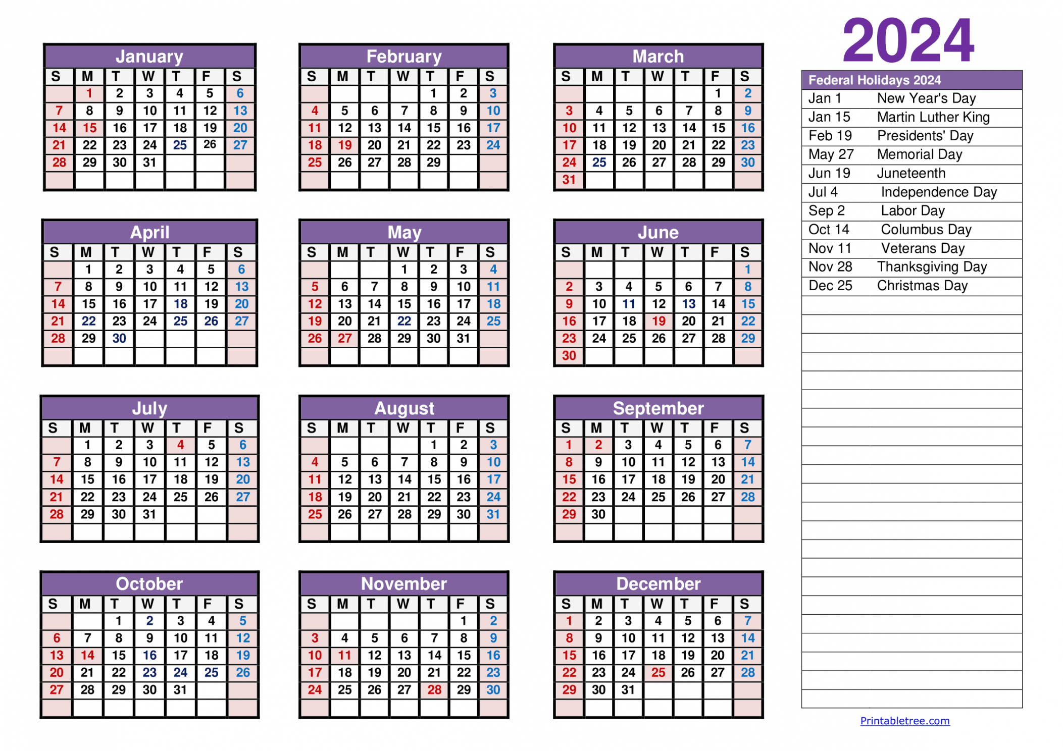 Printable Calendar  One Page with Holidays (Single Page)