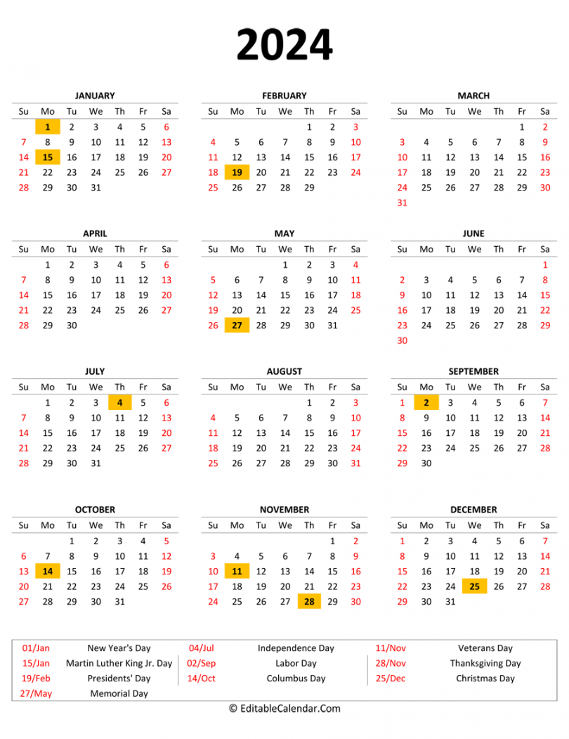 Printable Calendar with Holidays (Portrait Orientation)