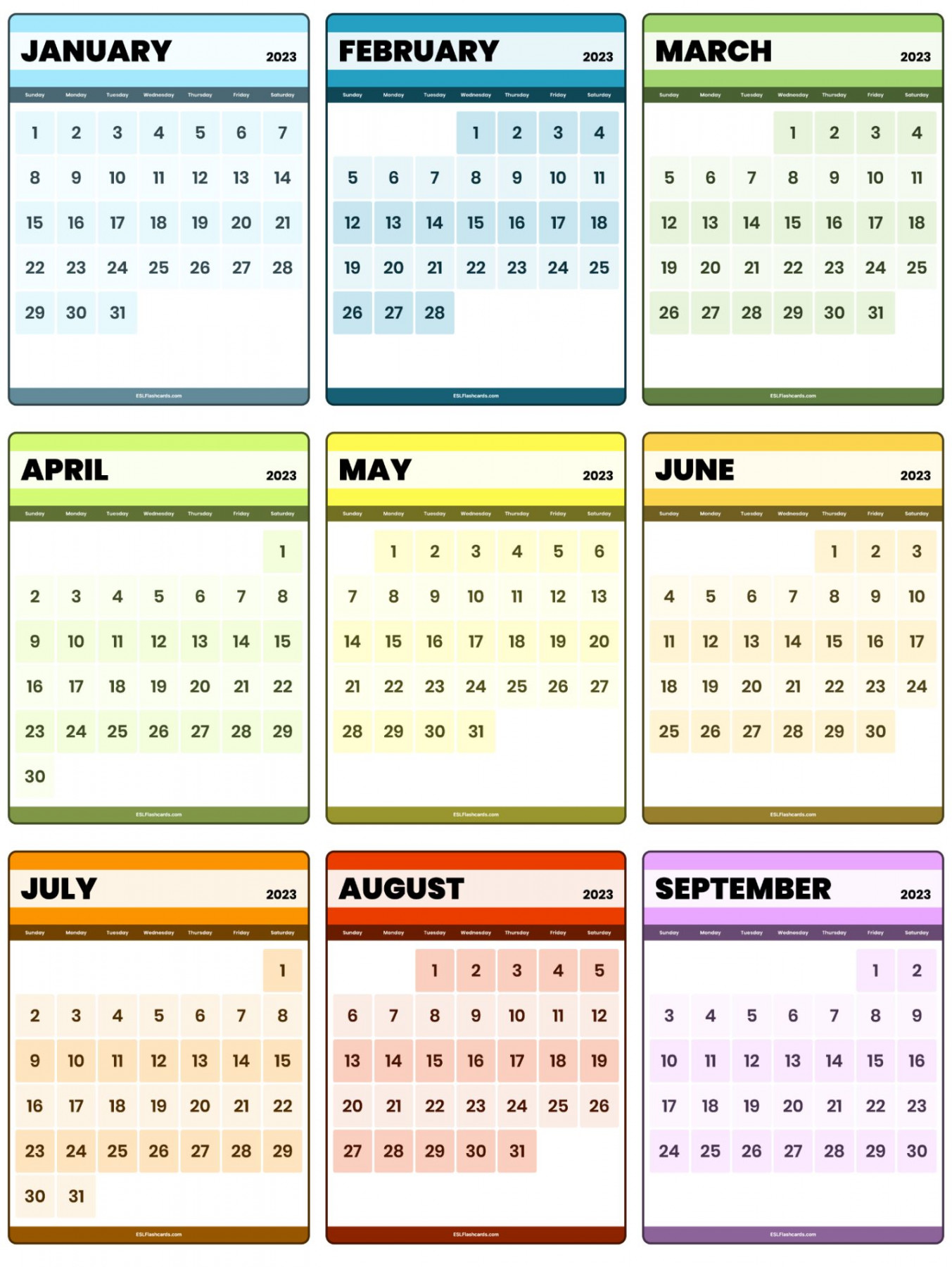 Printable Calendars – ESL Flashcards
